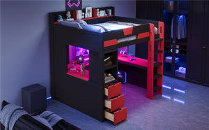 English Elm Full Size Wood Loft Bed with U-Shaped Desk RGB Lighting USB Ports and Storage Drawers Black+Red LT000456AAJ