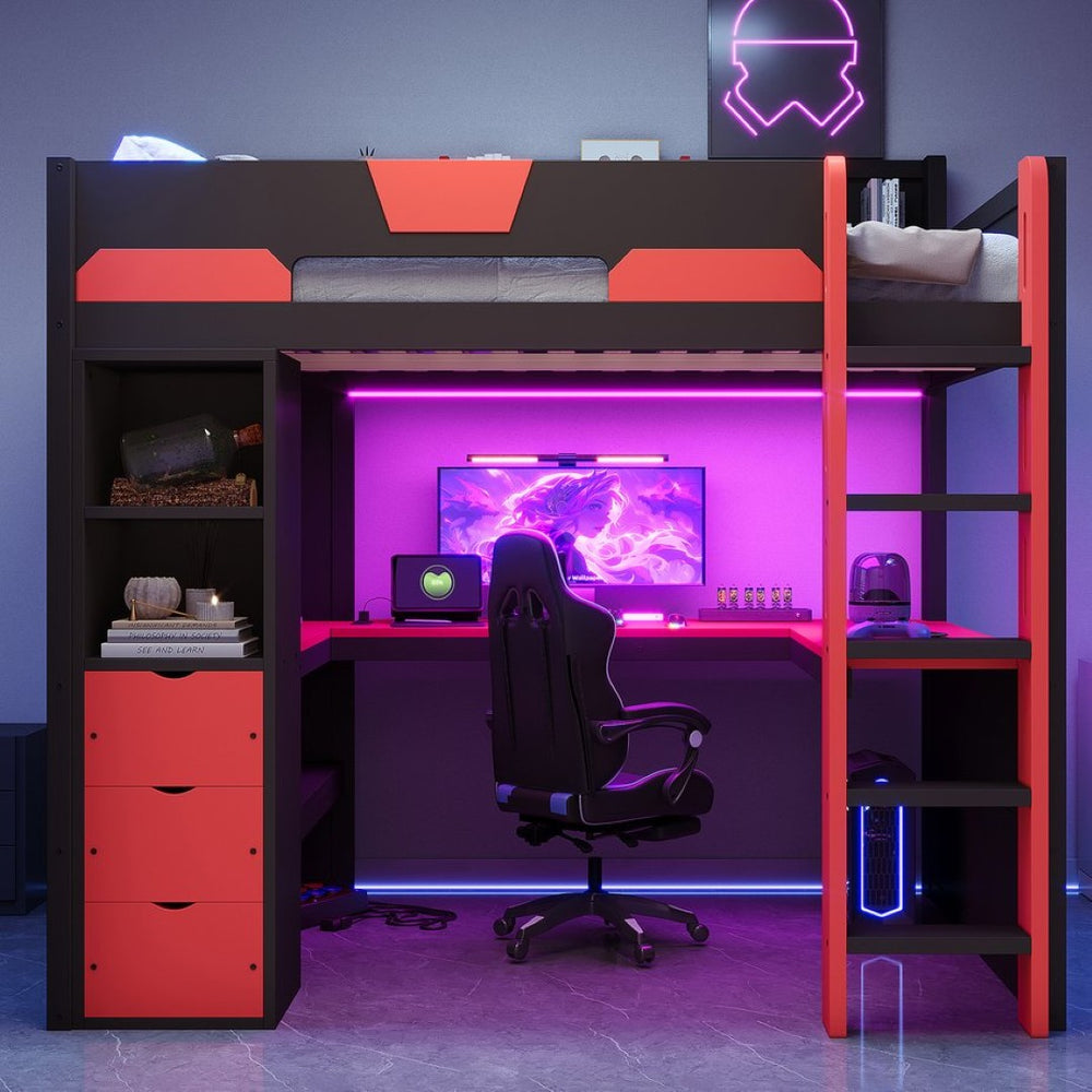 English Elm Full Size Wood Loft Bed with U-Shaped Desk RGB Lighting USB Ports and Storage Drawers Black+Red LT000456AAJ