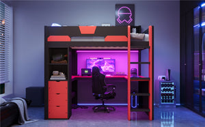 English Elm Full Size Wood Loft Bed with U-Shaped Desk RGB Lighting USB Ports and Storage Drawers Black+Red LT000456AAJ