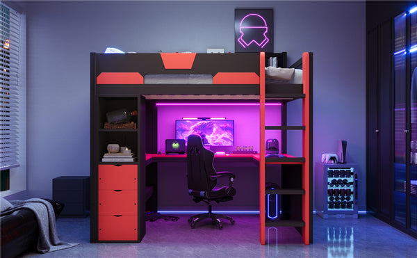 English Elm Full Size Wood Loft Bed with U-Shaped Desk RGB Lighting USB Ports and Storage Drawers Black+Red LT000456AAJ