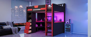 English Elm Full Size Wood Loft Bed with U-Shaped Desk RGB Lighting USB Ports and Storage Drawers Black+Red LT000456AAJ