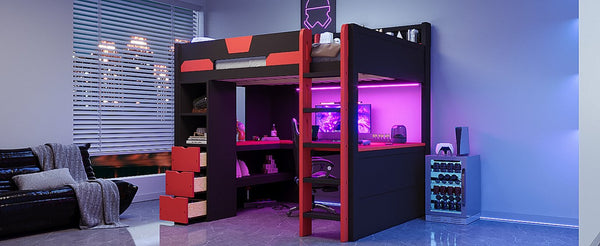 English Elm Full Size Wood Loft Bed with U-Shaped Desk RGB Lighting USB Ports and Storage Drawers Black+Red LT000456AAJ