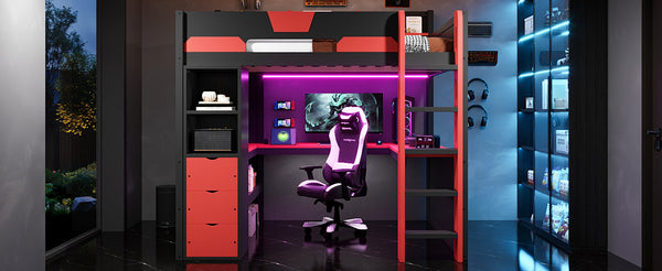 English Elm Full Size Wood Loft Bed with U-Shaped Desk RGB Lighting USB Ports and Storage Drawers Black+Red LT000456AAJ