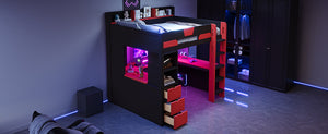English Elm Full Size Wood Loft Bed with U-Shaped Desk RGB Lighting USB Ports and Storage Drawers Black+Red LT000456AAJ