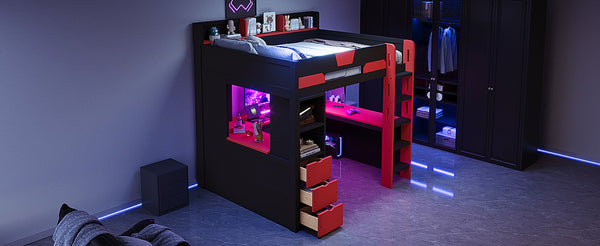English Elm Full Size Wood Loft Bed with U-Shaped Desk RGB Lighting USB Ports and Storage Drawers Black+Red LT000456AAJ