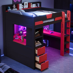 English Elm Full Size Wood Loft Bed with U-Shaped Desk RGB Lighting USB Ports and Storage Drawers Black+Red LT000456AAJ