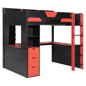 English Elm Full Size Wood Loft Bed with U-Shaped Desk RGB Lighting USB Ports and Storage Drawers Black+Red LT000456AAJ