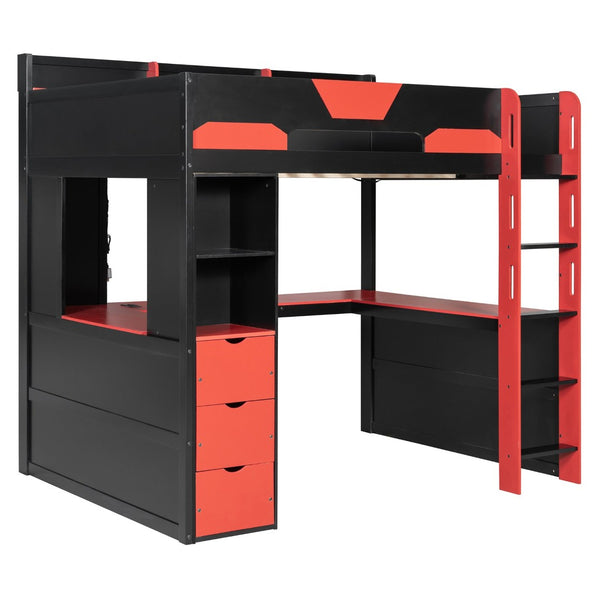 English Elm Full Size Wood Loft Bed with U-Shaped Desk RGB Lighting USB Ports and Storage Drawers Black+Red LT000456AAJ