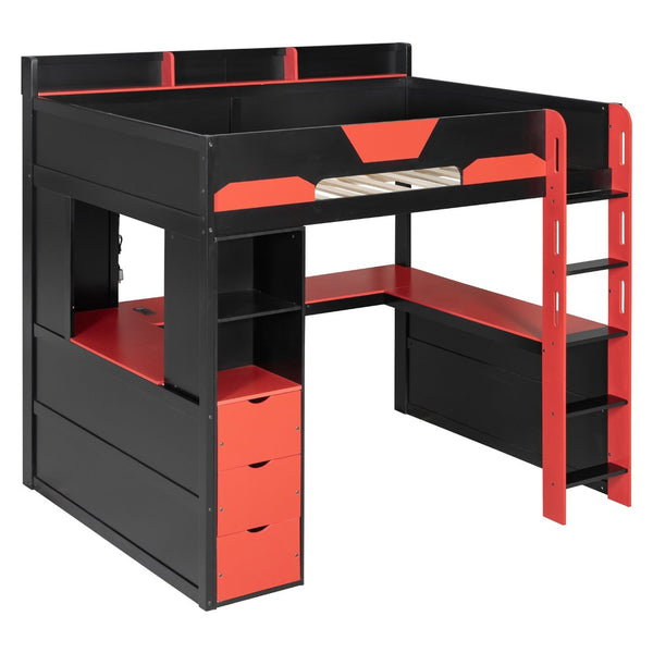 English Elm Full Size Wood Loft Bed with U-Shaped Desk RGB Lighting USB Ports and Storage Drawers Black+Red LT000456AAJ