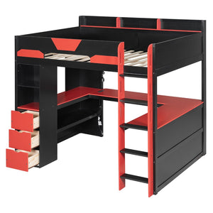 English Elm Full Size Wood Loft Bed with U-Shaped Desk RGB Lighting USB Ports and Storage Drawers Black+Red LT000456AAJ