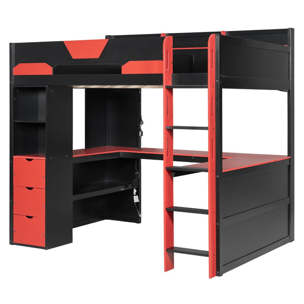 English Elm Full Size Wood Loft Bed with U-Shaped Desk RGB Lighting USB Ports and Storage Drawers Black+Red LT000456AAJ