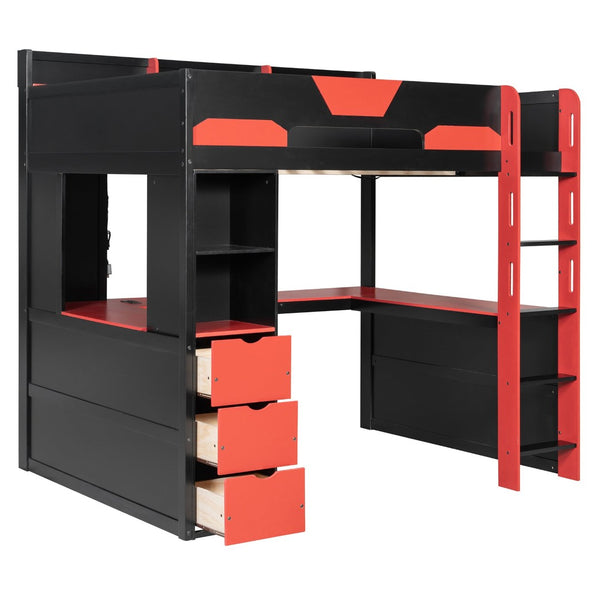 English Elm Full Size Wood Loft Bed with U-Shaped Desk RGB Lighting USB Ports and Storage Drawers Black+Red LT000456AAJ
