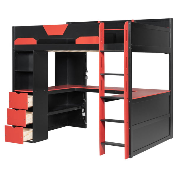 English Elm Full Size Wood Loft Bed with U-Shaped Desk RGB Lighting USB Ports and Storage Drawers Black+Red LT000456AAJ