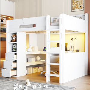 English Elm Full Size Wood Loft Bed with U-Shaped Desk RGB Lighting USB Ports and Storage Drawers White LT000456AAK