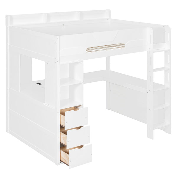 English Elm Full Size Wood Loft Bed with U-Shaped Desk RGB Lighting USB Ports and Storage Drawers White LT000456AAK