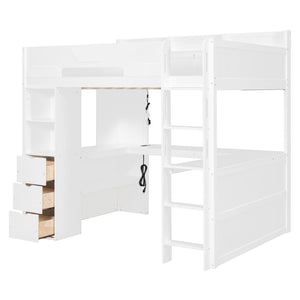 English Elm Full Size Wood Loft Bed with U-Shaped Desk RGB Lighting USB Ports and Storage Drawers White LT000456AAK