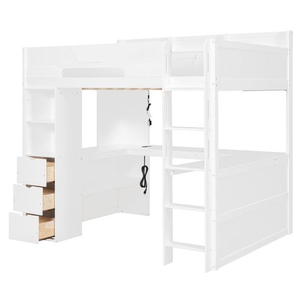 English Elm Full Size Wood Loft Bed with U-Shaped Desk RGB Lighting USB Ports and Storage Drawers White LT000456AAK