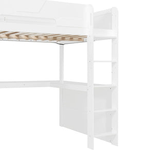 English Elm Full Size Wood Loft Bed with U-Shaped Desk RGB Lighting USB Ports and Storage Drawers White LT000456AAK