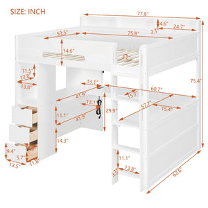 English Elm Full Size Wood Loft Bed with U-Shaped Desk RGB Lighting USB Ports and Storage Drawers White LT000456AAK