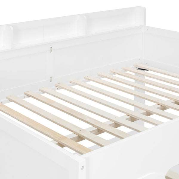 English Elm Full Size Wood Loft Bed with U-Shaped Desk RGB Lighting USB Ports and Storage Drawers White LT000456AAK