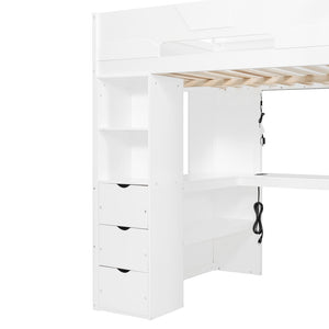 English Elm Full Size Wood Loft Bed with U-Shaped Desk RGB Lighting USB Ports and Storage Drawers White LT000456AAK