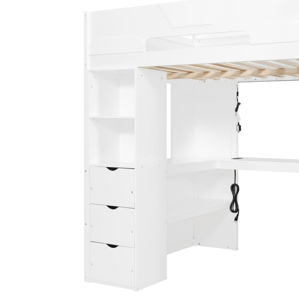 English Elm Full Size Wood Loft Bed with U-Shaped Desk RGB Lighting USB Ports and Storage Drawers White LT000456AAK