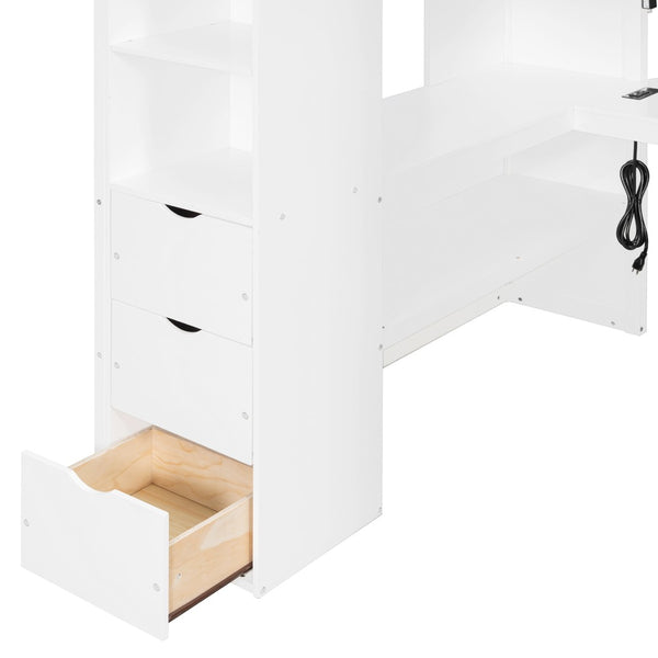 English Elm Full Size Wood Loft Bed with U-Shaped Desk RGB Lighting USB Ports and Storage Drawers White LT000456AAK
