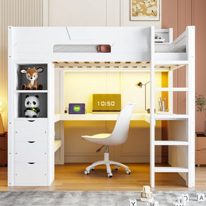 English Elm Full Size Wood Loft Bed with U-Shaped Desk RGB Lighting USB Ports and Storage Drawers White LT000456AAK