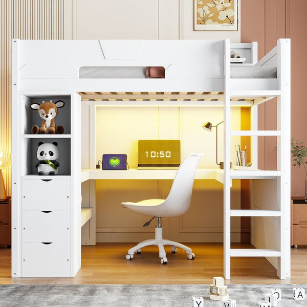 English Elm Full Size Wood Loft Bed with U-Shaped Desk RGB Lighting USB Ports and Storage Drawers White LT000456AAK