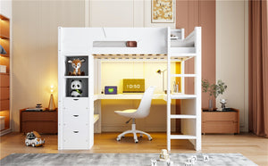 English Elm Full Size Wood Loft Bed with U-Shaped Desk RGB Lighting USB Ports and Storage Drawers White LT000456AAK