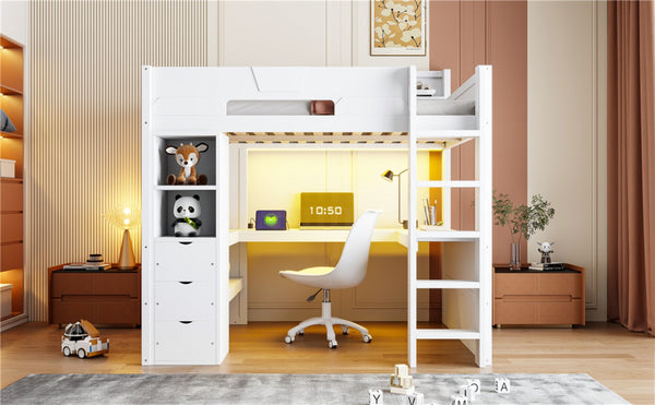 English Elm Full Size Wood Loft Bed with U-Shaped Desk RGB Lighting USB Ports and Storage Drawers White LT000456AAK