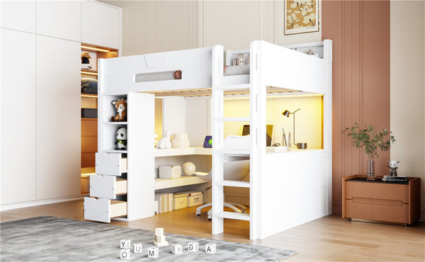 English Elm Full Size Wood Loft Bed with U-Shaped Desk RGB Lighting USB Ports and Storage Drawers White LT000456AAK