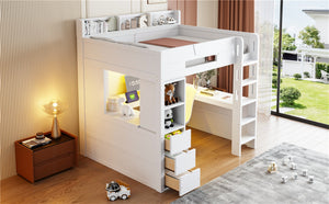 English Elm Full Size Wood Loft Bed with U-Shaped Desk RGB Lighting USB Ports and Storage Drawers White LT000456AAK