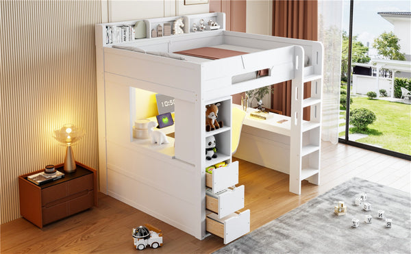 English Elm Full Size Wood Loft Bed with U-Shaped Desk RGB Lighting USB Ports and Storage Drawers White LT000456AAK