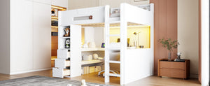 English Elm Full Size Wood Loft Bed with U-Shaped Desk RGB Lighting USB Ports and Storage Drawers White LT000456AAK