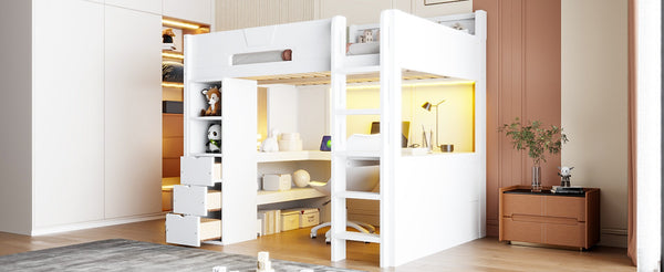 English Elm Full Size Wood Loft Bed with U-Shaped Desk RGB Lighting USB Ports and Storage Drawers White LT000456AAK