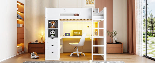 English Elm Full Size Wood Loft Bed with U-Shaped Desk RGB Lighting USB Ports and Storage Drawers White LT000456AAK