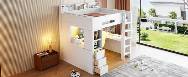 English Elm Full Size Wood Loft Bed with U-Shaped Desk RGB Lighting USB Ports and Storage Drawers White LT000456AAK