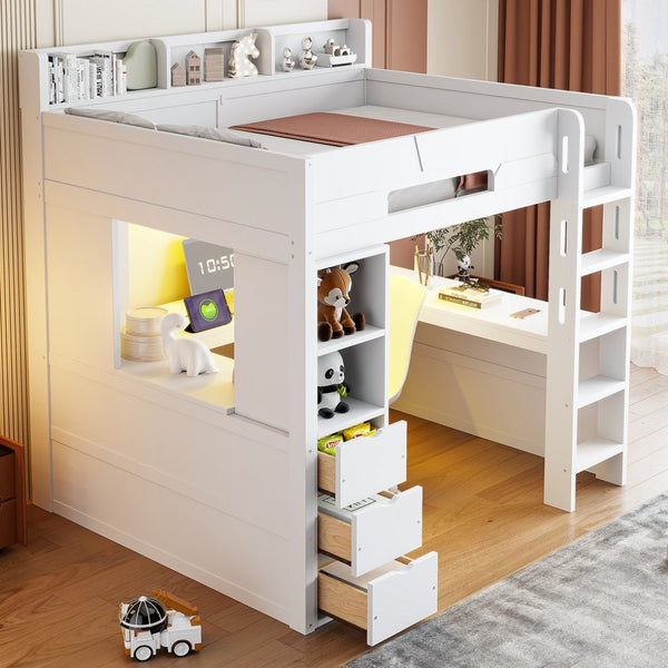English Elm Full Size Wood Loft Bed with U-Shaped Desk RGB Lighting USB Ports and Storage Drawers White LT000456AAK
