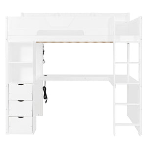 English Elm Full Size Wood Loft Bed with U-Shaped Desk RGB Lighting USB Ports and Storage Drawers White LT000456AAK