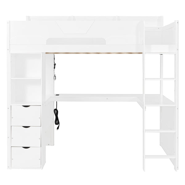 English Elm Full Size Wood Loft Bed with U-Shaped Desk RGB Lighting USB Ports and Storage Drawers White LT000456AAK