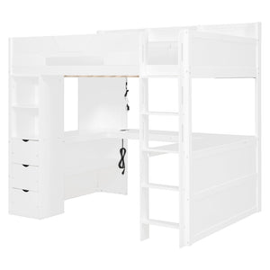 English Elm Full Size Wood Loft Bed with U-Shaped Desk RGB Lighting USB Ports and Storage Drawers White LT000456AAK