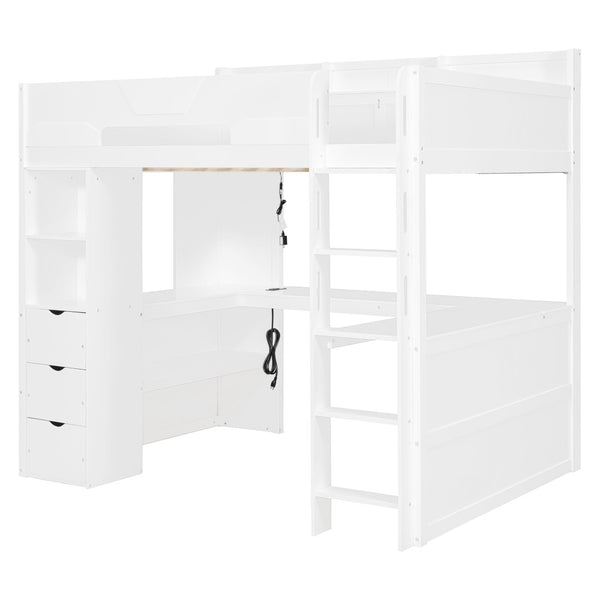 English Elm Full Size Wood Loft Bed with U-Shaped Desk RGB Lighting USB Ports and Storage Drawers White LT000456AAK