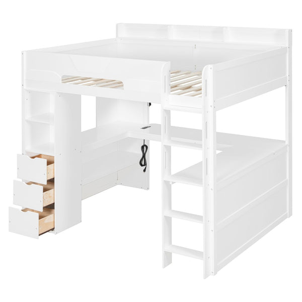 English Elm Full Size Wood Loft Bed with U-Shaped Desk RGB Lighting USB Ports and Storage Drawers White LT000456AAK