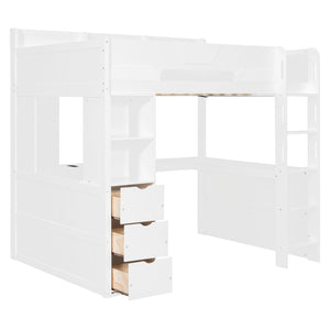 English Elm Full Size Wood Loft Bed with U-Shaped Desk RGB Lighting USB Ports and Storage Drawers White LT000456AAK