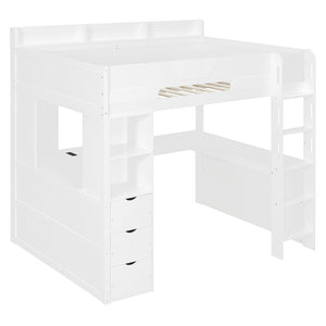 English Elm Full Size Wood Loft Bed with U-Shaped Desk RGB Lighting USB Ports and Storage Drawers White LT000456AAK