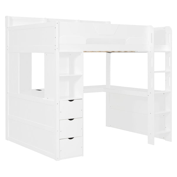 English Elm Full Size Wood Loft Bed with U-Shaped Desk RGB Lighting USB Ports and Storage Drawers White LT000456AAK