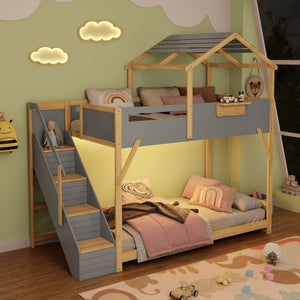 English Elm Twin House Bunk Bed with Staircase LED Lighting and Built-In Storage Shelf Gray LT000457AAE