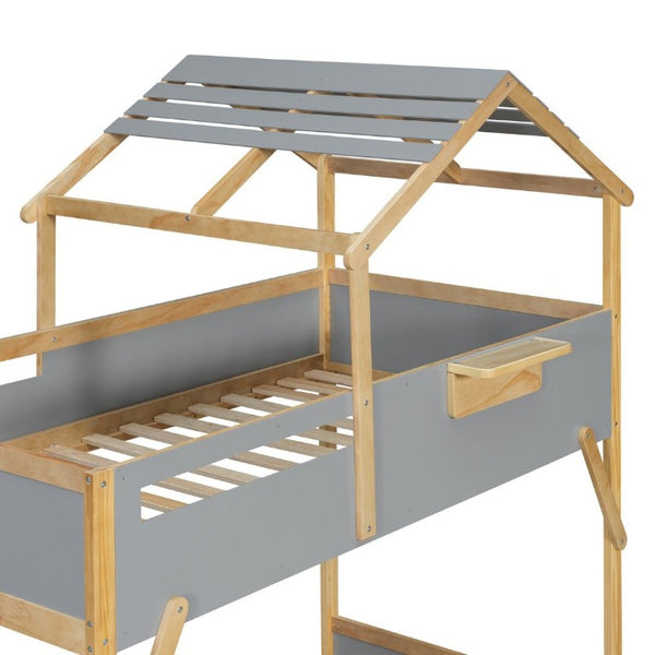 English Elm Twin House Bunk Bed with Staircase LED Lighting and Built-In Storage Shelf Gray LT000457AAE