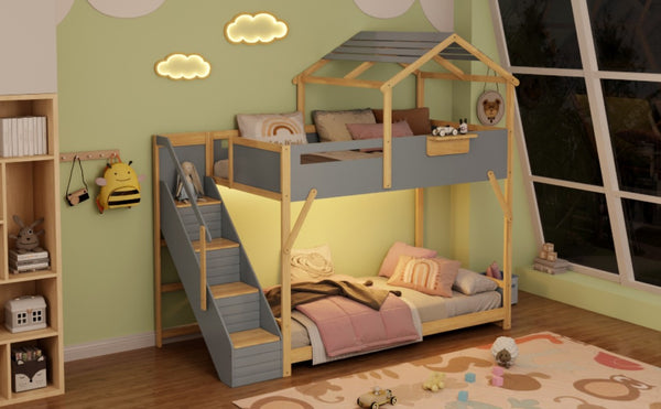English Elm Twin House Bunk Bed with Staircase LED Lighting and Built-In Storage Shelf Gray LT000457AAE